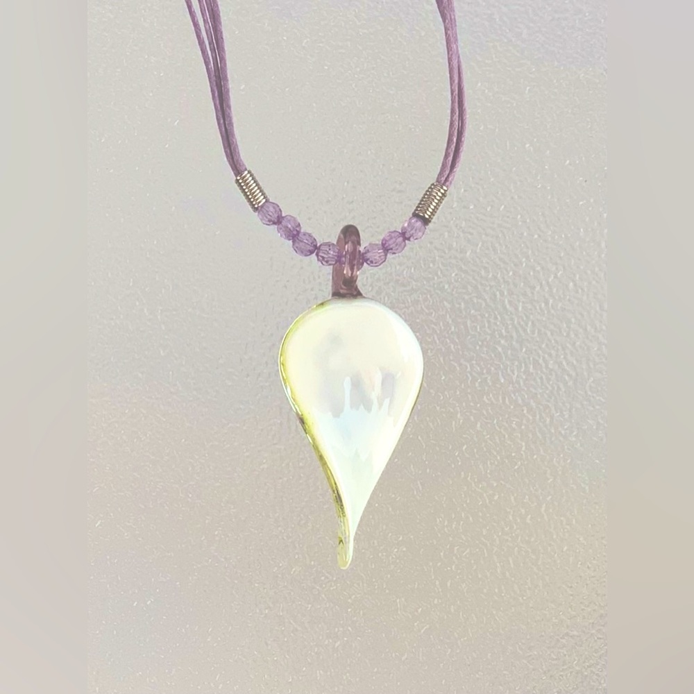 Lavender and Green Floral Hand-Blown Studio Art Glass Implosion Necklace - Picture 5 of 5